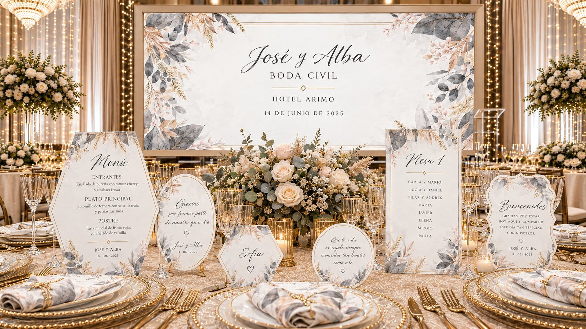 Papelería de la colección Grey Nude sobre una mesa de boda civil en un hotel de lujo
